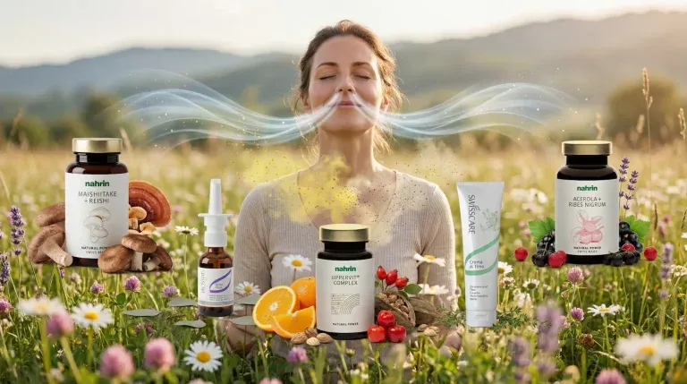 Rimedi naturali Nahrin e Swisscare contro l'allergia ai pollini in una valle fiorita